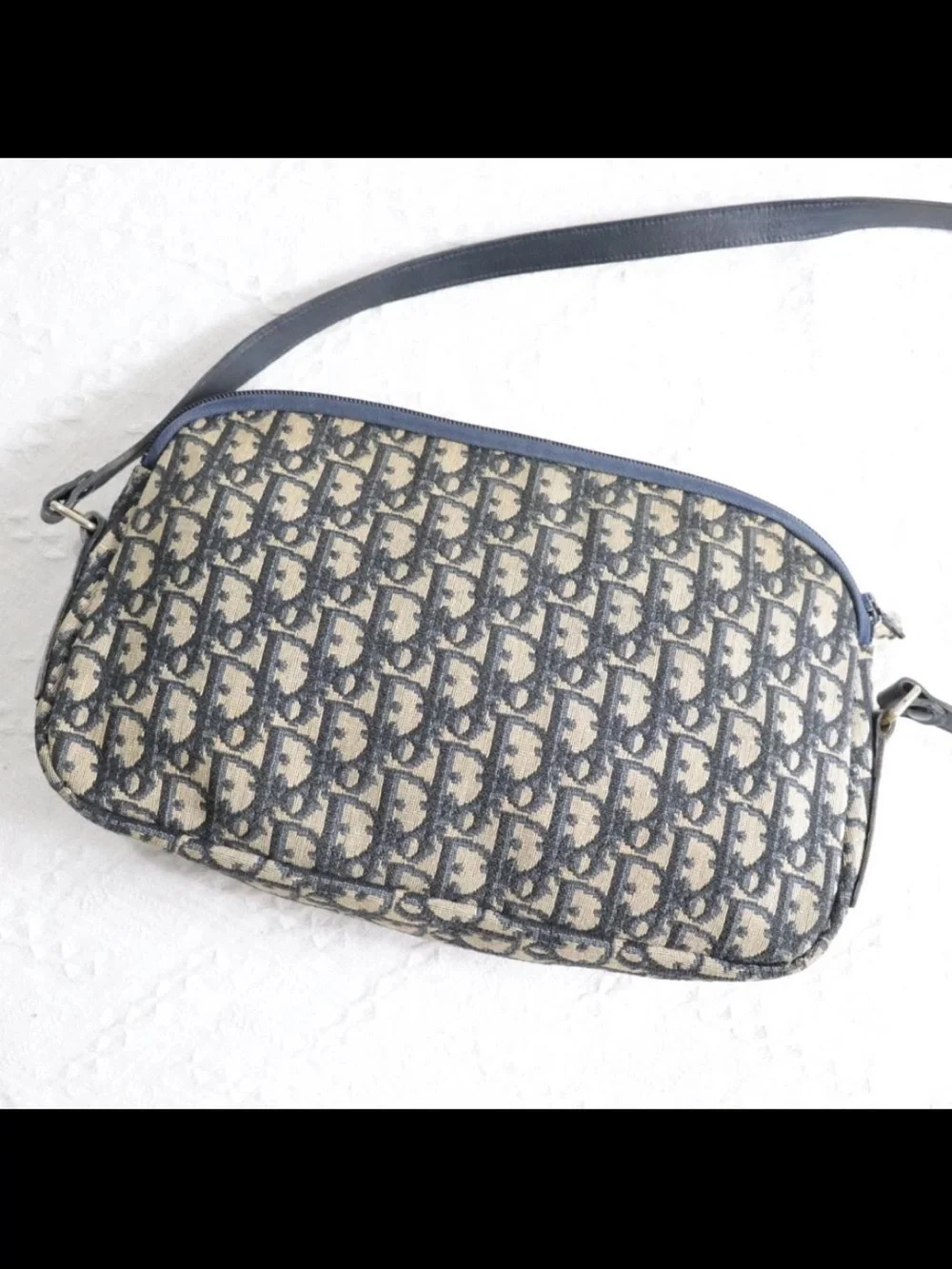 Dior Navy and Beige Monogram Shoulder Bag with Gold Accent